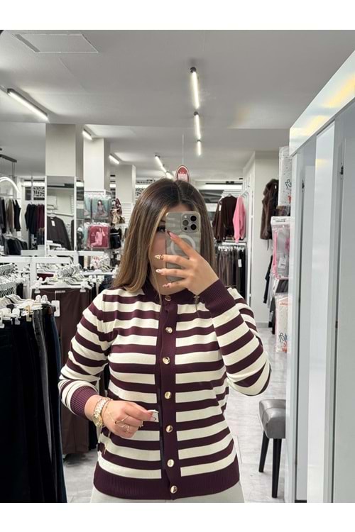 Çizgili Kısa Merserize Hırka 4263 - Mürdüm - TEK BEDEN - AZRA07404-58677