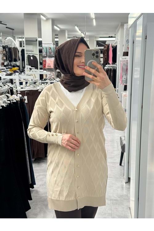 Baklava Desen Merserize Hırka 3290 - Bej - TEK BEDEN - AZRA07406-58691