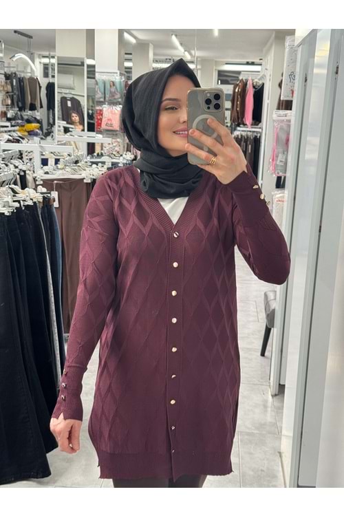 Baklava Desen Merserize Hırka 3290 - Mürdüm - TEK BEDEN - AZRA07406-58696