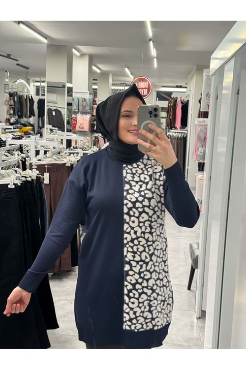 Leopar Desen Merserize Tunik 3291 - Lacivert - TEK BEDEN - AZRA07407-58703
