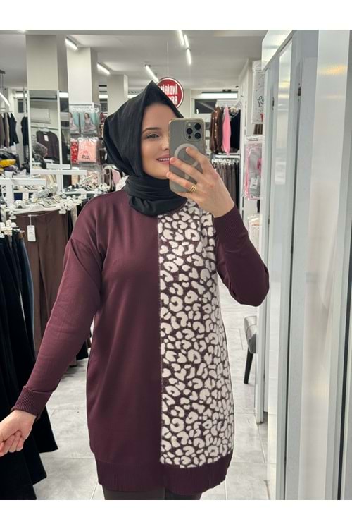 Leopar Desen Merserize Tunik 3291 - Mürdüm - TEK BEDEN - AZRA07407-58704