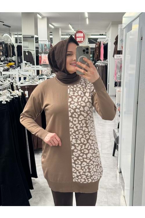 Leopar Desen Merserize Tunik 3291 - Sütlü Kahve - TEK BEDEN - AZRA07407-58706