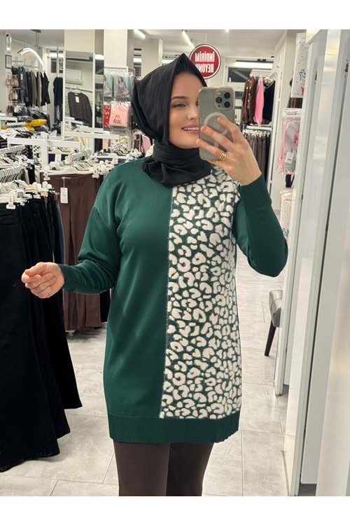 Leopar Desen Merserize Tunik 3291 - Zümrüt Yeşili - TEK BEDEN - AZRA07407-58707
