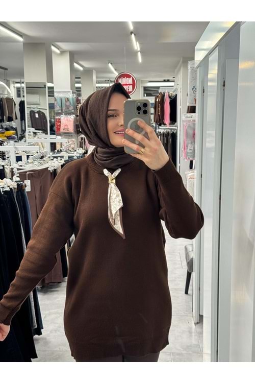 Fularlı Triko Tunik 3289 - Acı Kahve - TEK BEDEN - AZRA07408-58709