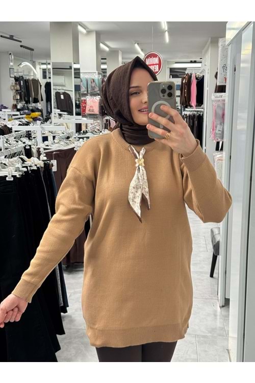 Fularlı Triko Tunik 3289 - Sütlü Kahve - TEK BEDEN - AZRA07408-58714