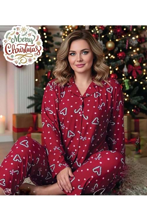 Kalp ve Baston Detaylı Pijama Takımı 1623 - Kırmızı - L