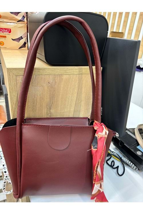 Uzun Kulplu Fularlı Çanta 1739 - Bordo - TEK BEDEN