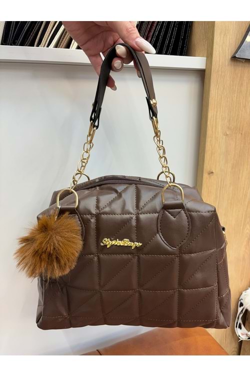 Ponponlu Kapitone Çanta 1754 - Acı Kahve - TEK BEDEN