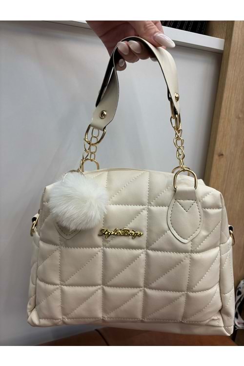 Ponponlu Kapitone Çanta 1754 - Bej - TEK BEDEN