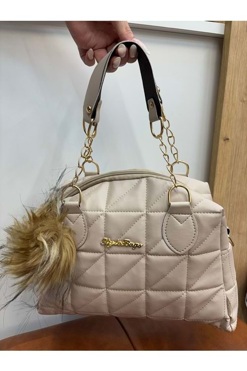 Ponponlu Kapitone Çanta 1754 - Vizon - TEK BEDEN