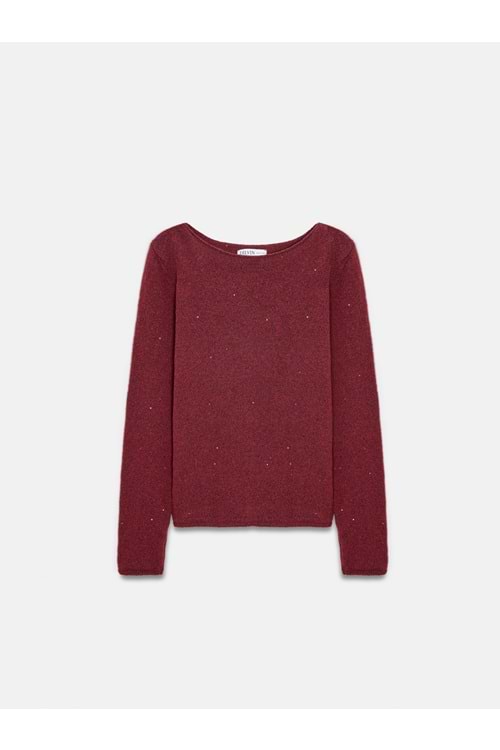 Kayık Yaka Pullu Simli Triko Kazak 10836 - Bordo - TEK BEDEN - AZRA07429-Bordo-TEK BEDEN