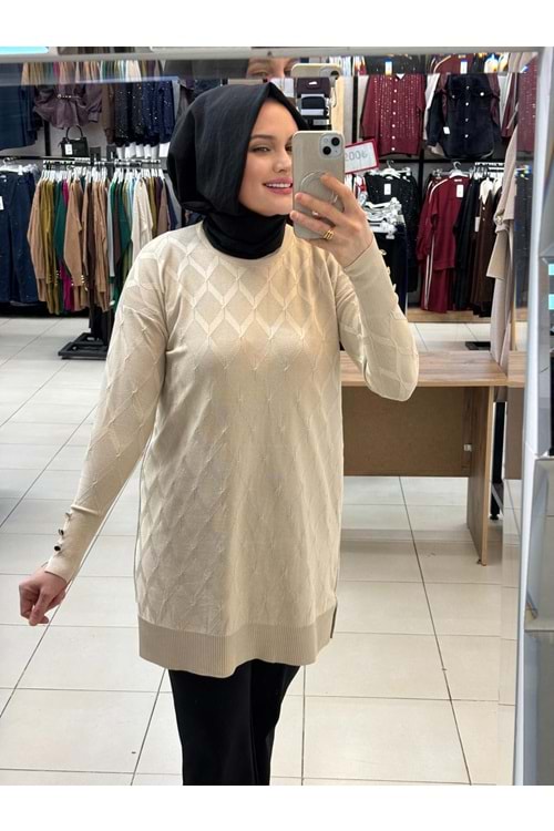 Baklavalı Merserize Tunik 3288 - Bej - TEK BEDEN - AZRA07490-59184
