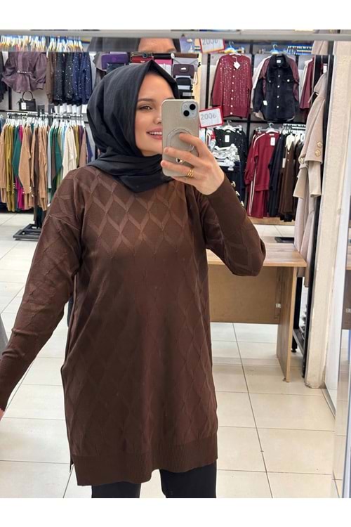 Baklavalı Merserize Tunik 3288 - Kahve Rengi - TEK BEDEN - AZRA07490-59186