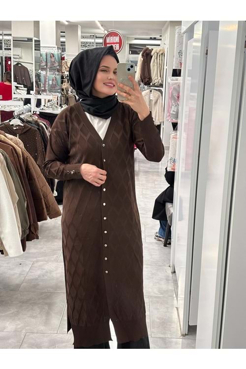 Uzun Baklava Desen Hırka 3295 - Acı Kahve - TEK BEDEN - AZRA07491-59193