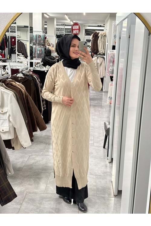 Uzun Baklava Desen Hırka 3295 - Bej - TEK BEDEN - AZRA07491-59194