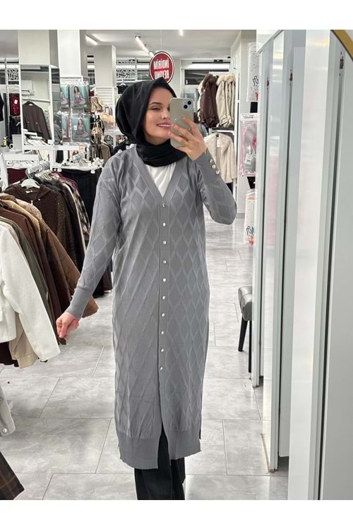 Uzun Baklava Desen Hırka 3295 - Gri - TEK BEDEN - AZRA07491-59195