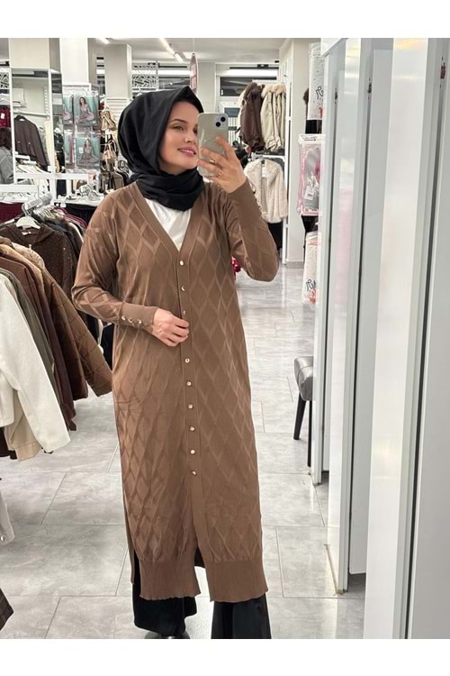 Uzun Baklava Desen Hırka 3295 - Kahve Rengi - TEK BEDEN - AZRA07491-59196