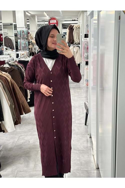 Uzun Baklava Desen Hırka 3295 - Mürdüm - TEK BEDEN - AZRA07491-59198