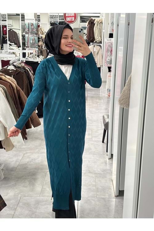 Uzun Baklava Desen Hırka 3295 - Petrol Mavi - TEK BEDEN - AZRA07491-59199