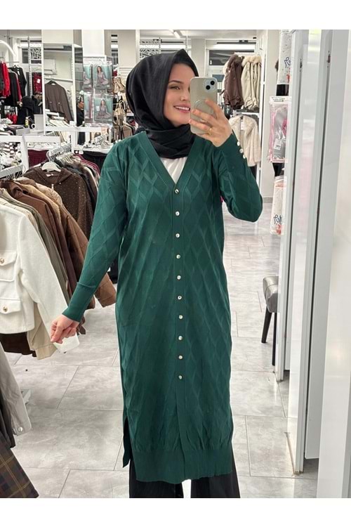 Uzun Baklava Desen Hırka 3295 - Zümrüt Yeşili - TEK BEDEN - AZRA07491-59201