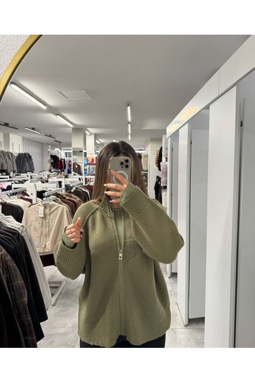 Fermuarlı Elit İplik Dazy Hırka 2392 - Haki - TEK BEDEN - AZRA07506-59288