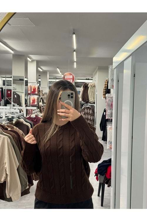 Saç Örgülü Triko Kazak 2573 - Acı Kahve - TEK BEDEN - AZRA07511-59303