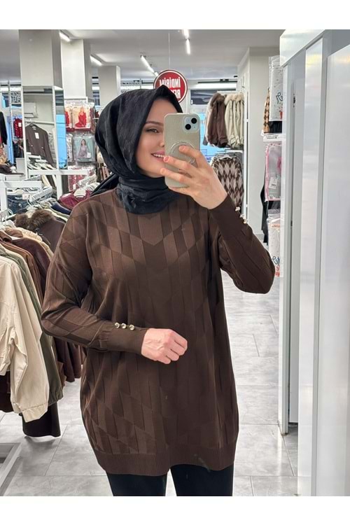 V Desen Salaş Merserize Tunik 3293 - Acı Kahve - TEK BEDEN - AZRA07527-59350