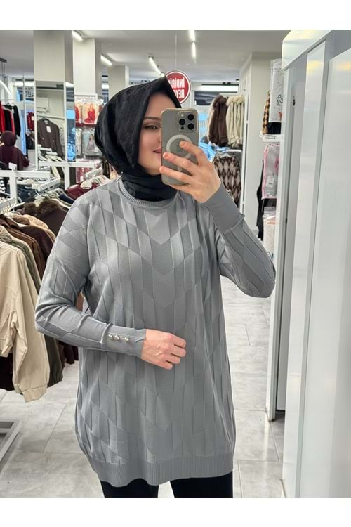 V Desen Salaş Merserize Tunik 3293 - Gri - TEK BEDEN - AZRA07527-59352