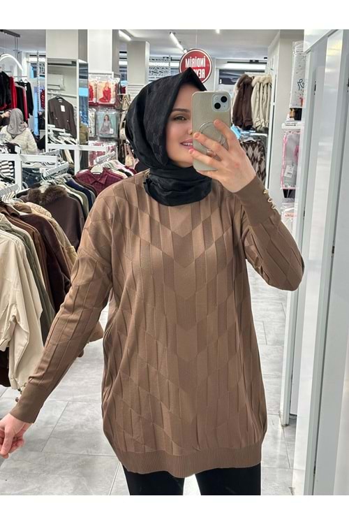 V Desen Salaş Merserize Tunik 3293 - Kahve Rengi - TEK BEDEN - AZRA07527-59353