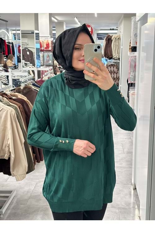 V Desen Salaş Merserize Tunik 3293 - Zümrüt Yeşili - TEK BEDEN - AZRA07527-59359