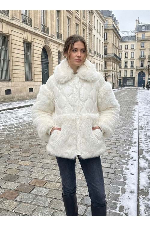 Peluşlu Lüks Mont 6183 - Ekru - TEK BEDEN