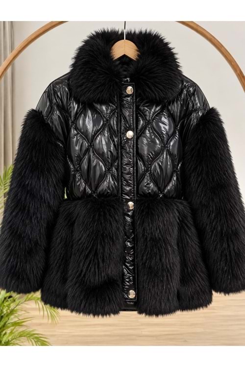 Peluşlu Lüks Mont 6183 - Siyah - TEK BEDEN