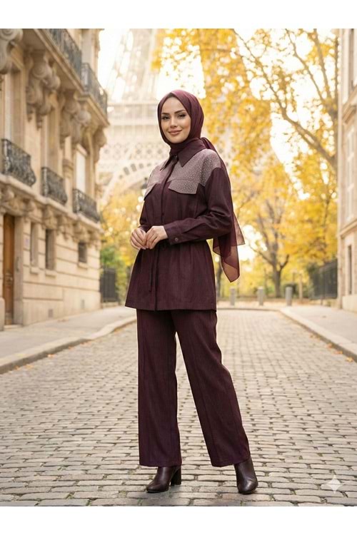 Ters Robalı Taşlı Takım 8204 - Bordo - S-M - AZRA07696-60133