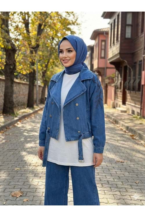 Kolları Taş İşlemeli Denim Ceket 7466 - Açık Mavi - M-L - AZRA07700-60165