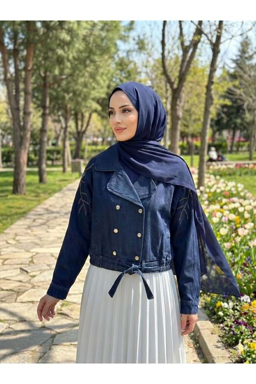 Kolları Taş İşlemeli Denim Ceket 7466 - Koyu Mavi - M-L - AZRA07700-60168