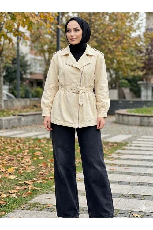 MGZN Beli Büzgülü Denim Ceket 7306 - Ekru - TEK BEDEN - AZRA07701-60172