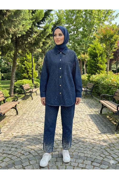 MGZN Full Taşlı Denim Takım 7469 - Koyu Mavi - S-M - AZRA07703-60190