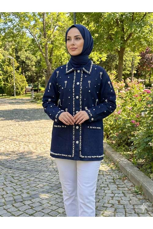 İnci ve Taş Detaylı Denim Ceket 7444 - Koyu Mavi - M-L - AZRA07704-60198