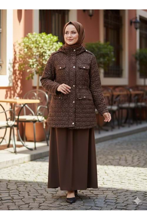 Simli Kapitone Mont 2661 - Acı Kahve - 42-44