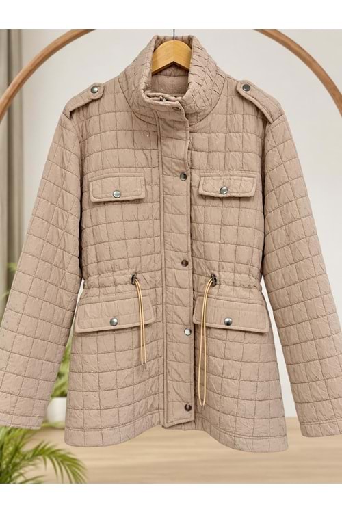 Simli Kapitone Mont 2661 - Bej - 42-44