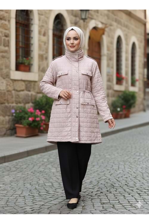 Simli Kapitone Mont 2661 - Bej - 42-44