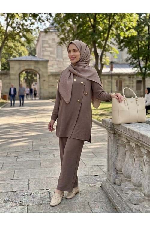 Gold Düğmeli Modal Takım 14459 - Vizon - M