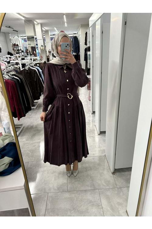 Pohen Beli Kemerli Modal Kumaş Elbise 1950 - Bordo - L-XL