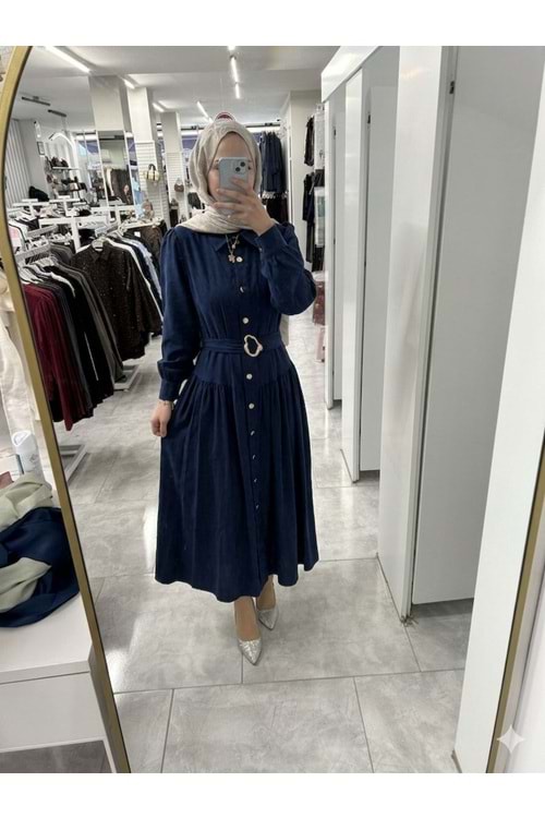 Pohen Beli Kemerli Modal Kumaş Elbise 1950 - Lacivert - S-M