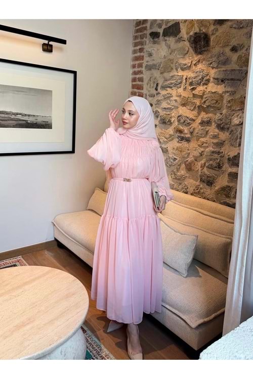 Kat Kat Büzgü Detaylı Elbise 91080 - Toz Pembe - TEK BEDEN - AZRA08342-65471