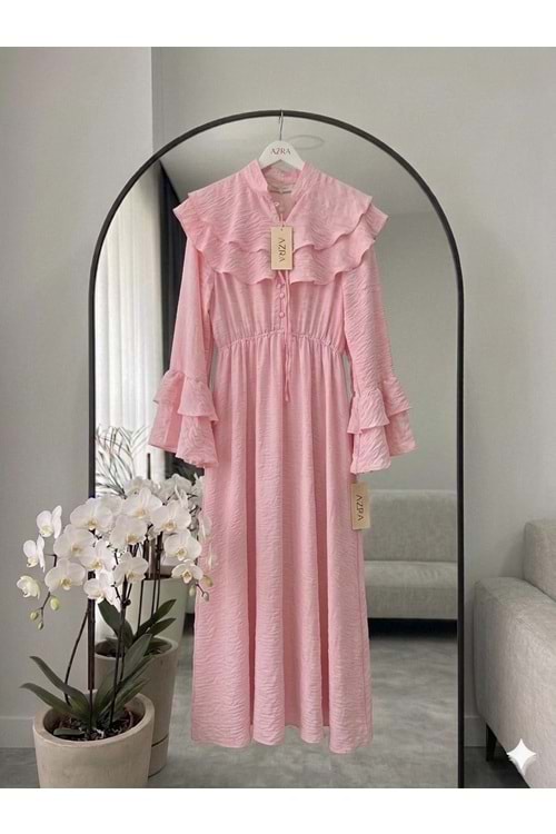 Kolları Kat Kat Tensel Kumaş Elbise 26970 - Pembe - XL - AZRA08633-67700