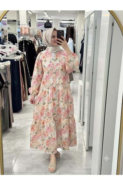 Çiçekli Elbise 1104- Pembe - L-XL