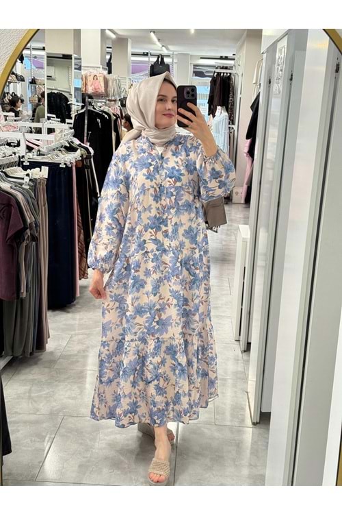 Çiçekli Modal Elbise 1104 - Mavi - L-XL