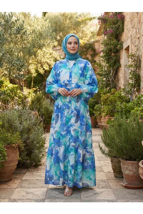 Zambak Desenli Mavi Yeşil Elbise 4703 - Mavi - L-XL