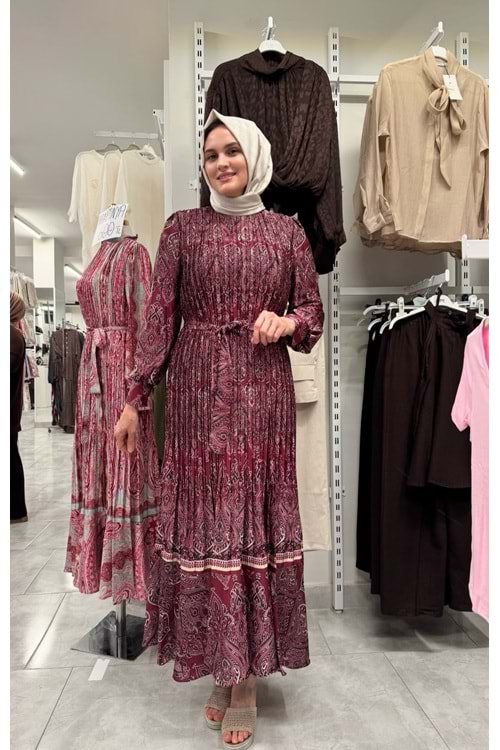 İpek Saten Piliseli Elbise 7010 - Bordo - M